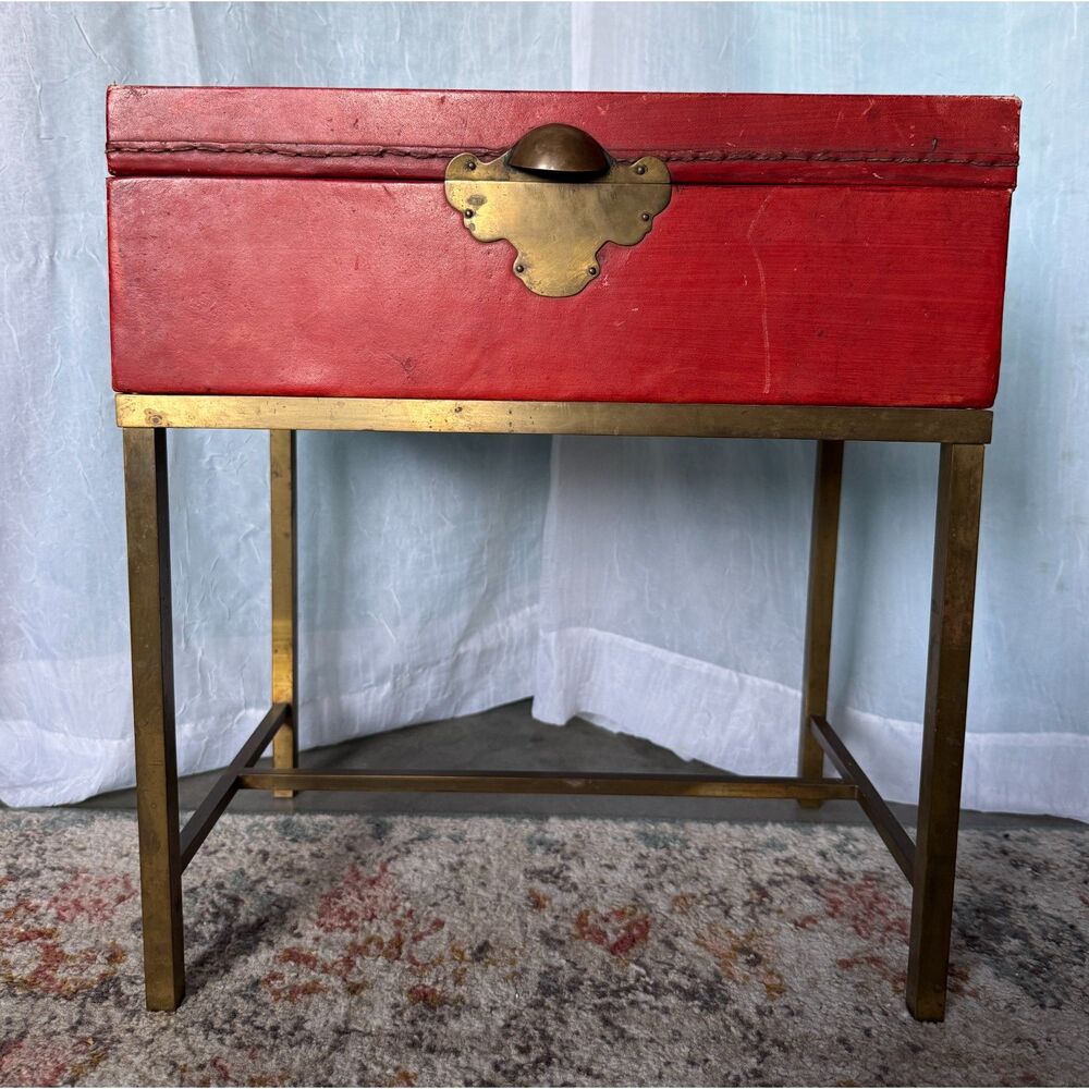 Vintage Mid-Century Sarreid Ltd. Red Leather Trunk on Brass Stand